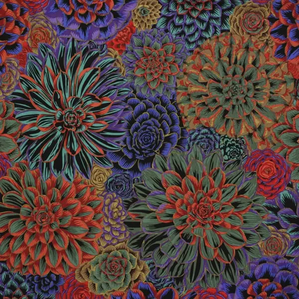 Tela de algodón Kaffe Fassett House Leeks Dark con mandalas morados y fucsia de 110cm - Vista general
