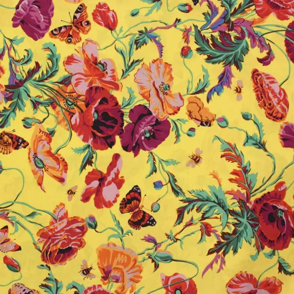 Algodón patchwork Kaffe Fassett Meadow Yellow con flores fondo amarillo de 110cm - Vista general