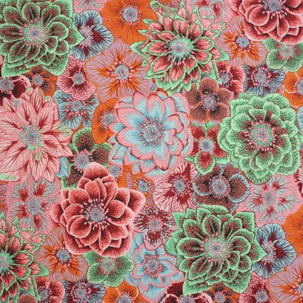 Tejido de algodón Kaffe Fassett Hellebores Pink floral en rosa y verde de 110cm - Vista general