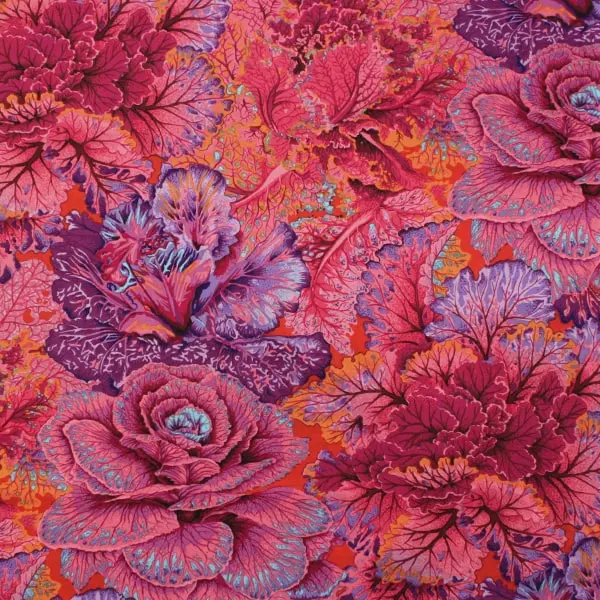 Tela de algodón Kaffe Fassett Curly Kale Red con diseño abstracto en fucsia de 110cm - Vista general