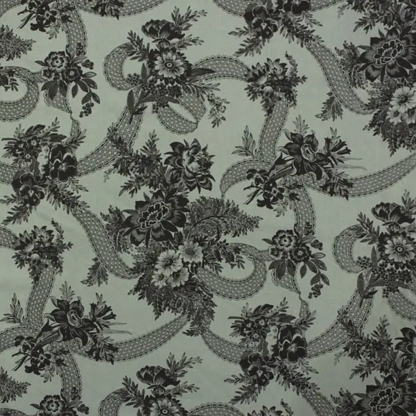 Floral Lace, Tela de Paula Barnes con fondo verde y dibujos florales en color negro  — vista 1