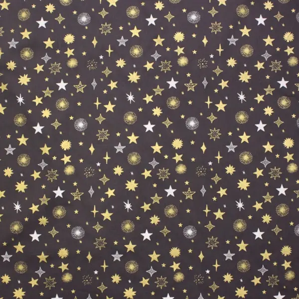 Estrellas Gris, Tela fondo gris oscuro estampada con estrellas blancas y doradas — vista 1