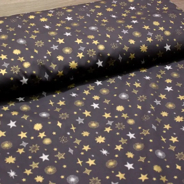 Estrellas Gris, Tela fondo gris oscuro estampada con estrellas blancas y doradas — vista 3