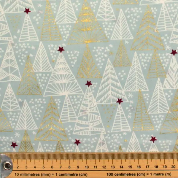 Mint Arboles, Tela de Navidad con fondo menta estampada con arboles dorados y blancos — vista 2