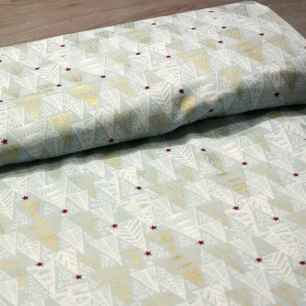 Mint Arboles, Tela de Navidad con fondo menta estampada con arboles dorados y blancos — vista 3