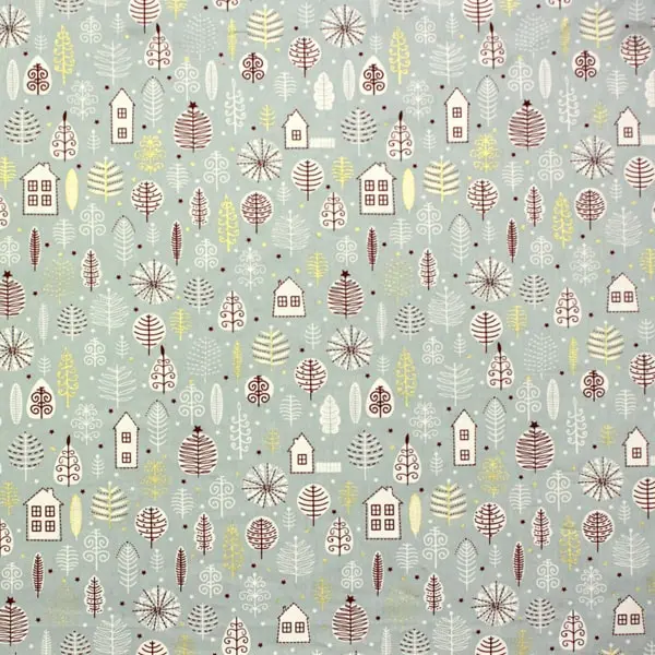 Mint Casitas, Tela de Navidad con fondo menta estampada con casitas blancas y detalles dorados — vista 1