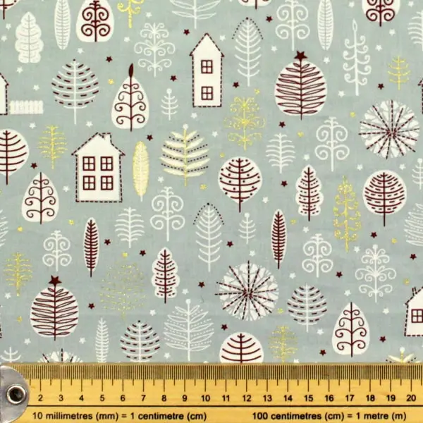 Mint Casitas, Tela de Navidad con fondo menta estampada con casitas blancas y detalles dorados — vista 2