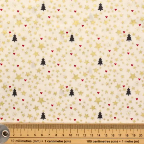 Estrellas Arboles, Tela navidad fondo blanco, estampado de estrellas doradas y árboles color gris — vista 2