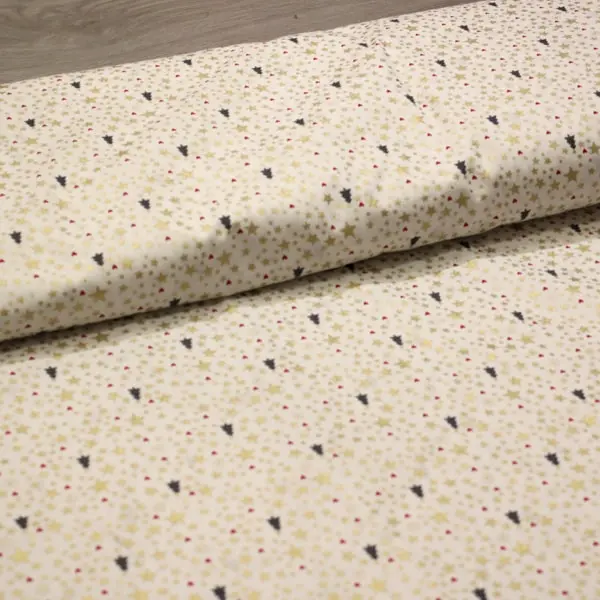 Estrellas Arboles, Tela navidad fondo blanco, estampado de estrellas doradas y árboles color gris — vista 3