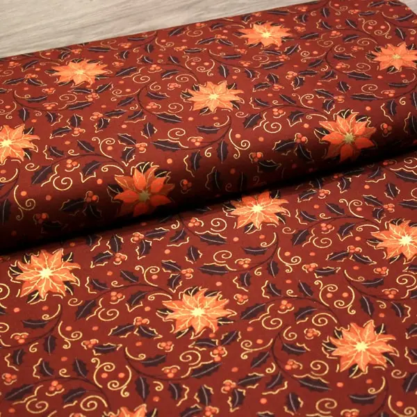 Flor Pascua Ocres, Tela estampada con Flores de Pascua en tonos marrones y naranjas — vista 3