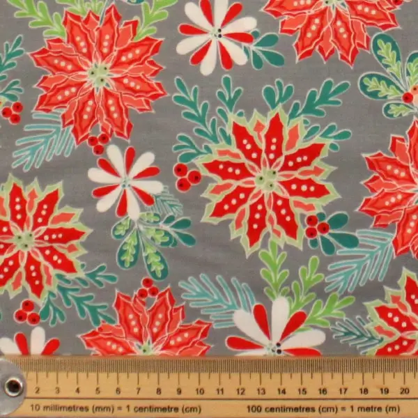 Heart Home Cherry, Tela de Navidad fondo gris con flores rojas navideñas — vista 2