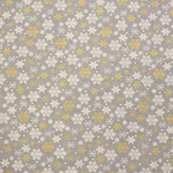 Copos Nieve Gris , Tela de copos de nieve en blanco y dorado sobre un fono gris — vista 1