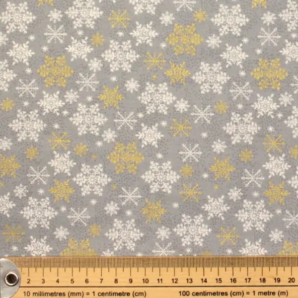 Copos Nieve Gris , Tela de copos de nieve en blanco y dorado sobre un fono gris — vista 2