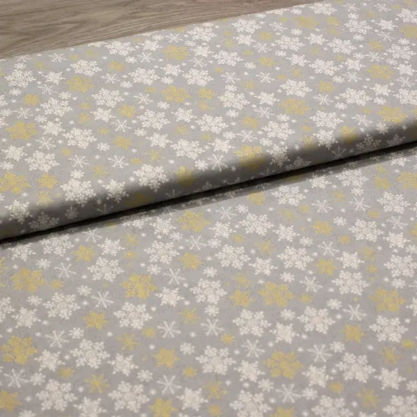 Copos Nieve Gris , Tela de copos de nieve en blanco y dorado sobre un fono gris — vista 3