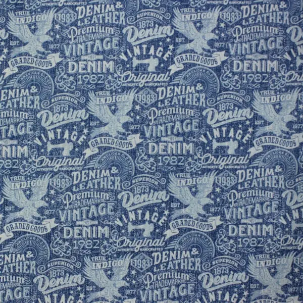Jeans Vintage, Tela de algodón imitando al tejido de jeans en color azul con motivos vintage — vista 1
