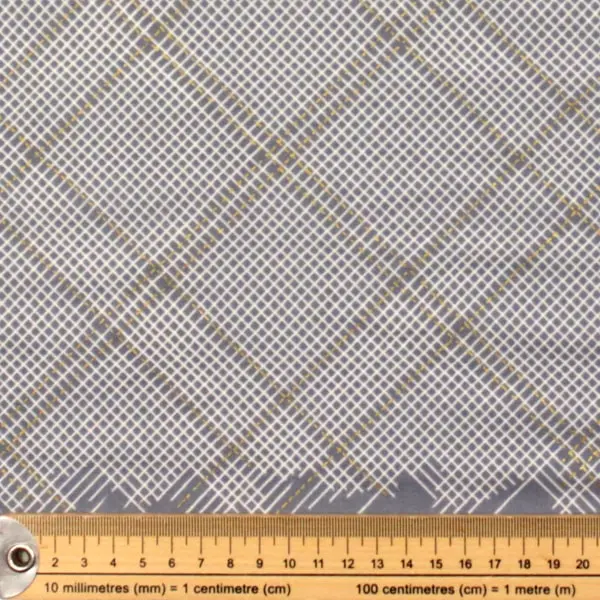 Metallic Col 383, Tela de la colección CF Metallic fondo gris claro con cuadros blancos y dorados — vista 2