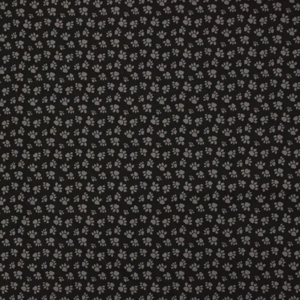 Huellas Gris, Tela de fondo negro estampada con huellas en color gris — vista 1