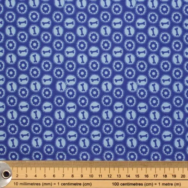 Huesitos Azul, Tela color azul estampada con círculos y huesitos de perro  — vista 2