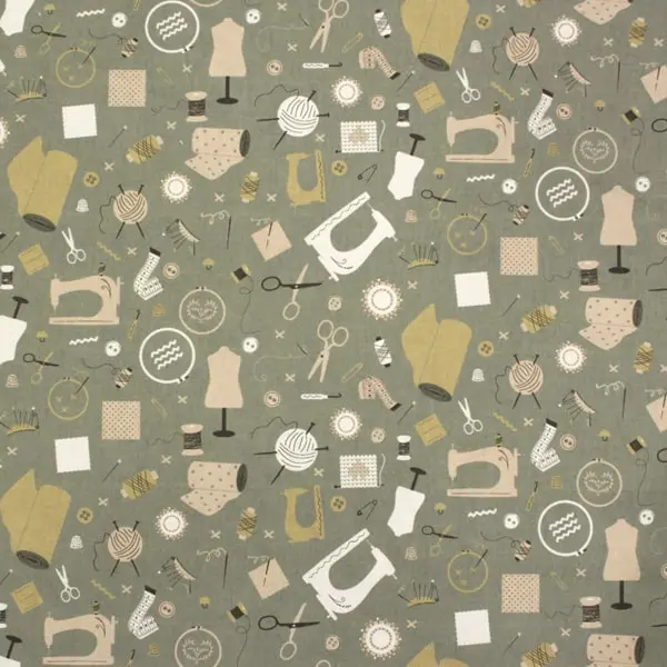 Costura Labores, Tela con fondo verde estampada con diferentes motivos de costura — vista 1