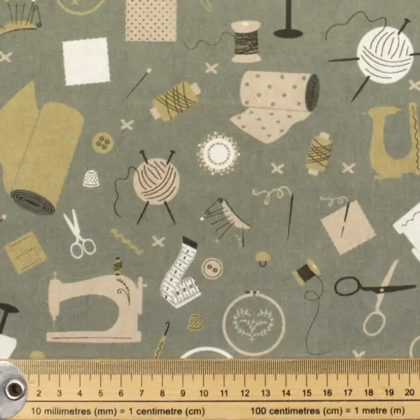 Costura Labores, Tela con fondo verde estampada con diferentes motivos de costura — vista 2