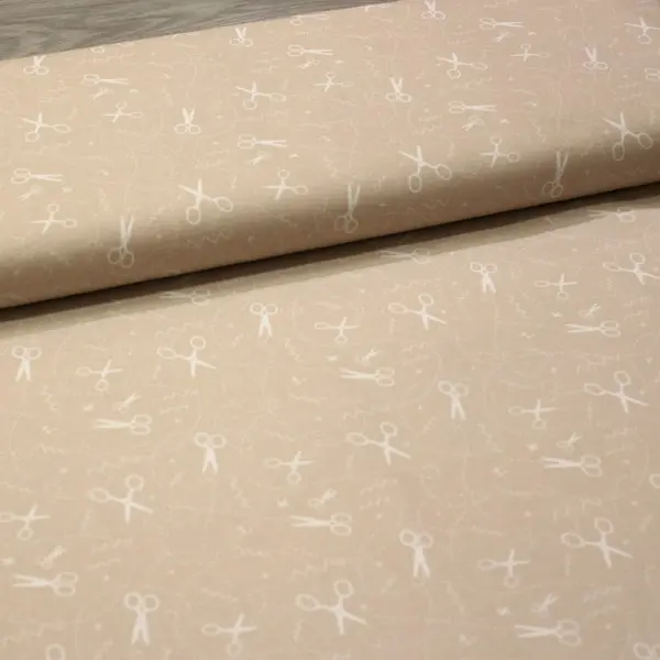 Costura Tijeras, Tela con fondo salmón estampada con tijeras de costura en color blanco — vista 3