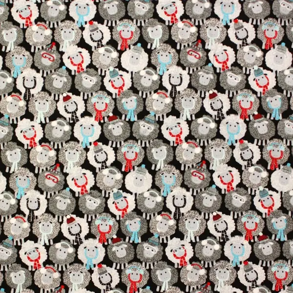 Wooly Friends, Tela con ovejas en tonos blanco y negro con detalles en rojo y turquesa  — vista 1