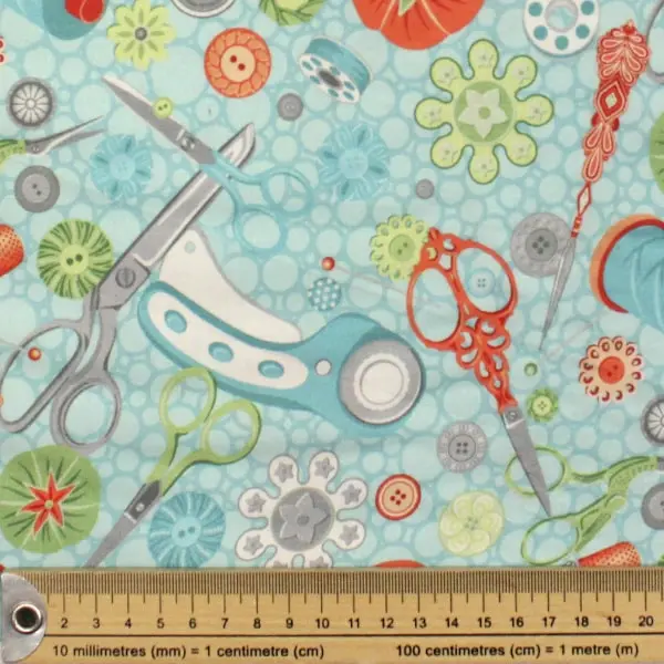 Costura Turquesa, Tela estampada con motivos de costura sobre fondo turquesa — vista 2