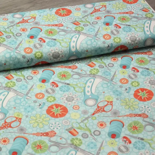 Costura Turquesa, Tela estampada con motivos de costura sobre fondo turquesa — vista 3