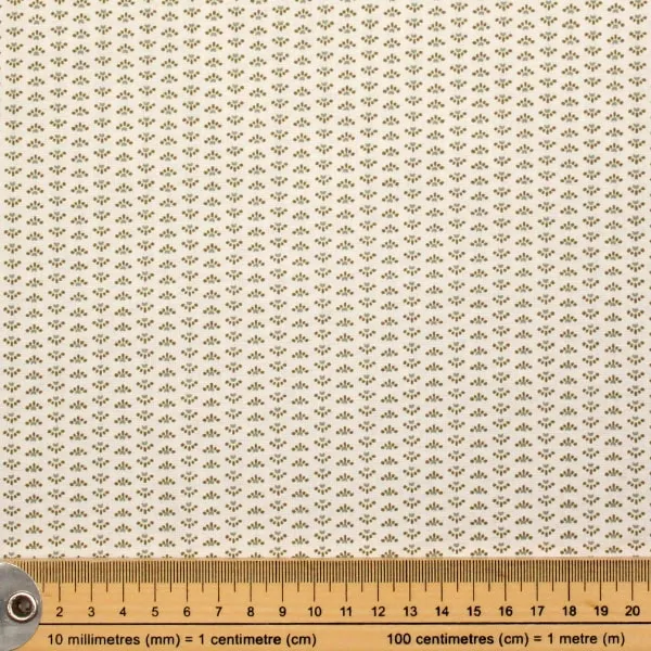 Tela de algodón Otoño Abanico estilo Country hojas caqui en forma de abanico de 150cm - Detalle de la textura y escala de medida