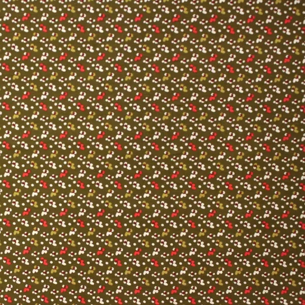 Tejido de algodón Otoño flores blancas y rojas sobre fondo verde caqui Country de 150cm - Vista general