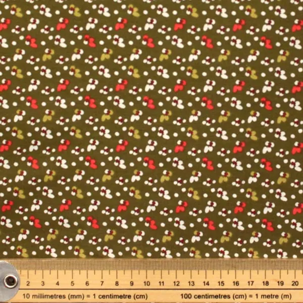 Tejido de algodón Otoño flores blancas y rojas sobre fondo verde caqui Country de 150cm - Detalle de la textura y escala de medida