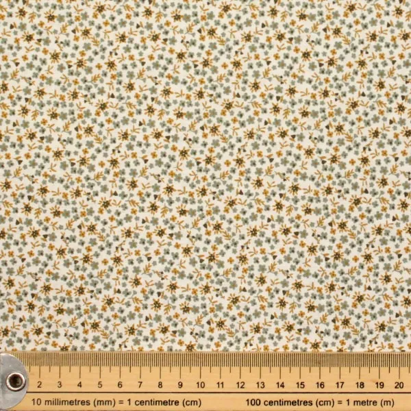 Estampado Country en tela algodón Otoño flores Verdes mostaza sobre blanco de 150cm - Detalle de la textura y escala de medida