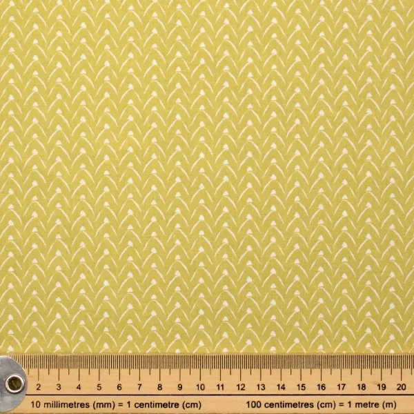 Algodón Otoño Geométrica Pistacho estampado simétrico estilo Country sobre blanco de 150cm - Detalle de la textura y escala de medida