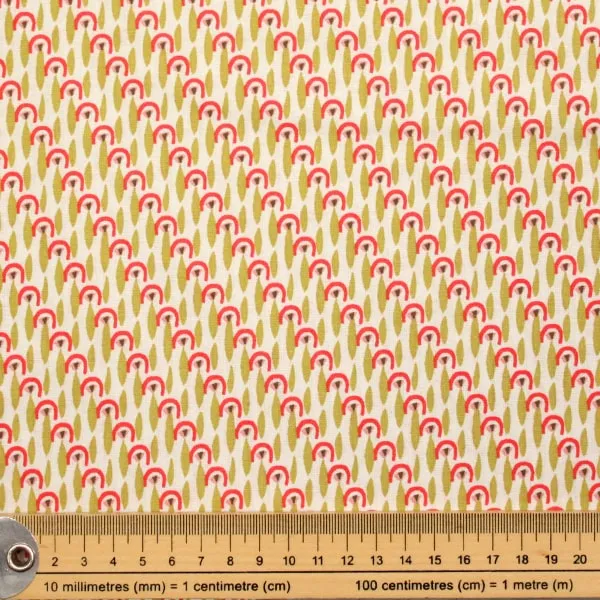 Tela de algodón Otoño Geométrica estampado estilo Country magenta y verde de 150cm - Detalle de la textura y escala de medida