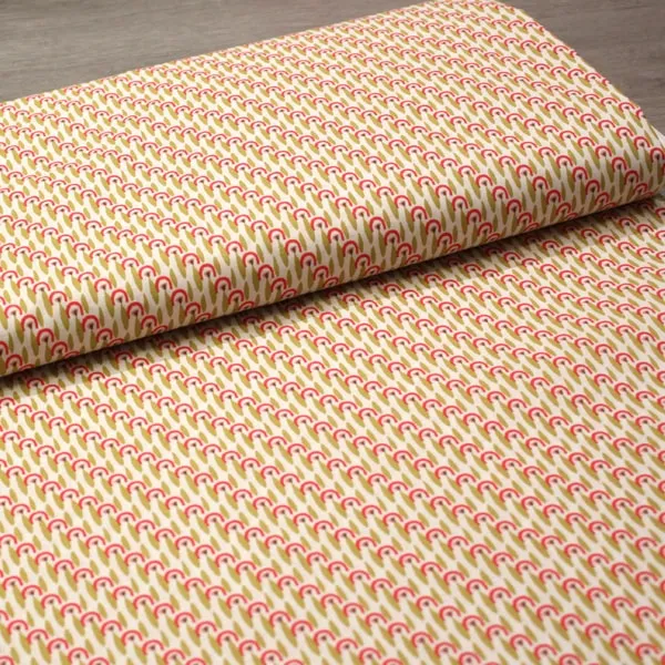 Tela de algodón Otoño Geométrica estampado estilo Country magenta y verde de 150cm - Vista del lomo enrollado