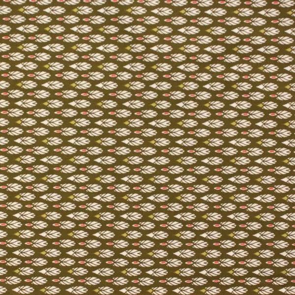Tejido de algodón Otoño Plumas blancas estampadas fondo verde caqui Country de 150cm - Vista general