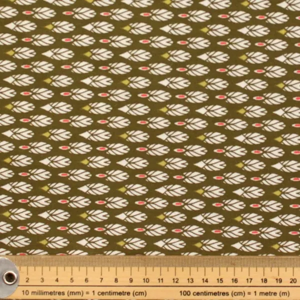 Tejido de algodón Otoño Plumas blancas estampadas fondo verde caqui Country de 150cm - Detalle de la textura y escala de medida
