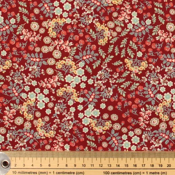 Rojo Flores, Tela hidrófuga antibacteriana estampada de flores sobre fondo rojo — vista 2