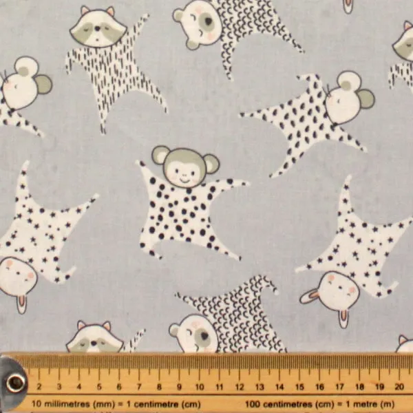 Tela de algodón infantil Muñeco Doudou para bebés fondo gris claro con estrellas 150cm - Detalle de la textura y escala de medida