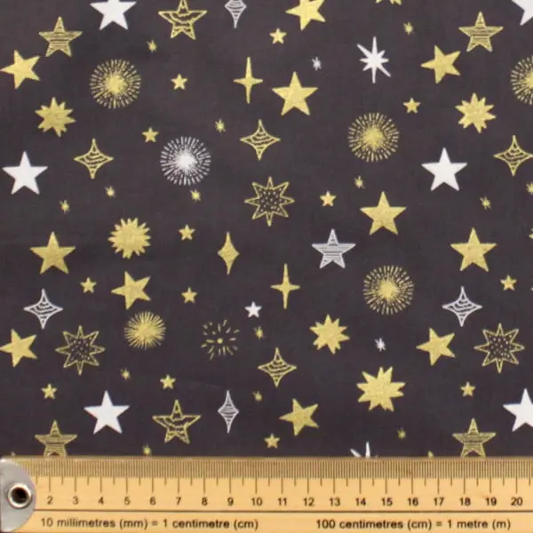 Estrellas Gris, Tela fondo gris oscuro estampada con estrellas blancas y doradas — vista 2