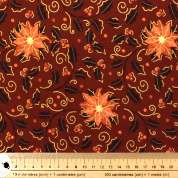 Flor Pascua Ocres, Tela estampada con Flores de Pascua en tonos marrones y naranjas — vista 2