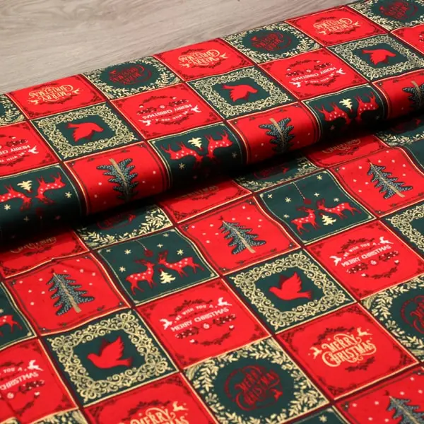 Merry Christmas, Tela con motivos navideños en colores rojo y verde Navidad — vista 3