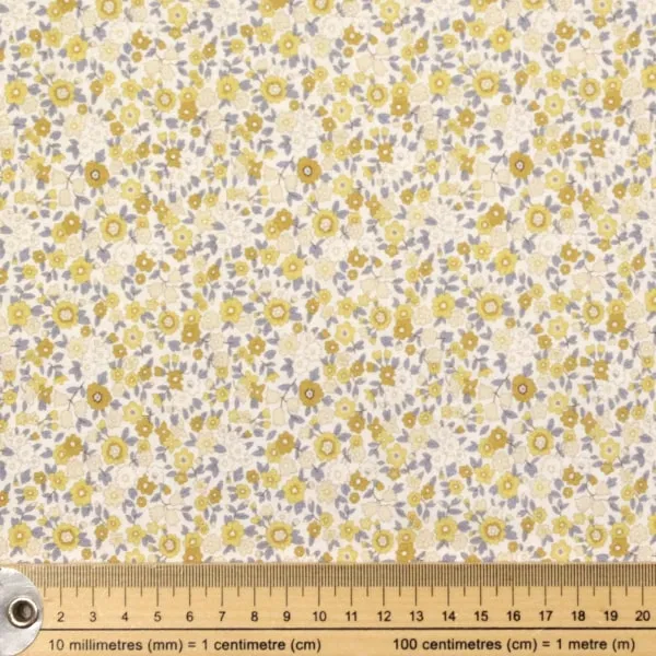 Tejido de algodón Flor Amarilla con estampado de flores pequeñas amarillas de 150cm - Detalle de la textura y escala de medida