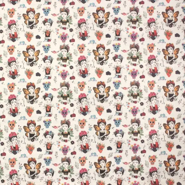 Frida Kahlo, Tela de fondo blanco estampada con imágenes de Frida Kahlo.  — vista 1