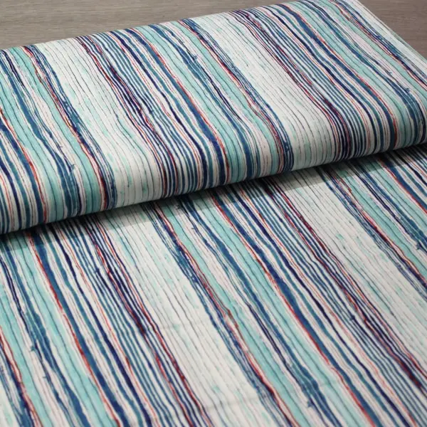 Rayas Azules , Tela veraniega a rayas de colores azules, turquesas y toques rojizos.  — vista 3