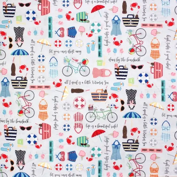 Verano Playa, Tela con motivos veraniegos inspirados en la playa sobre un fondo gris perla — vista 1