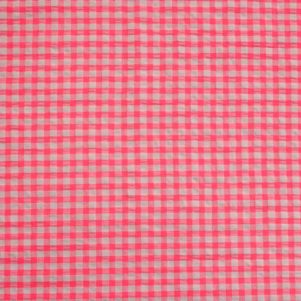 Rosa Fluor, Tela de algodón estampada con cuadros Vichy en color Rosa Fluor.
