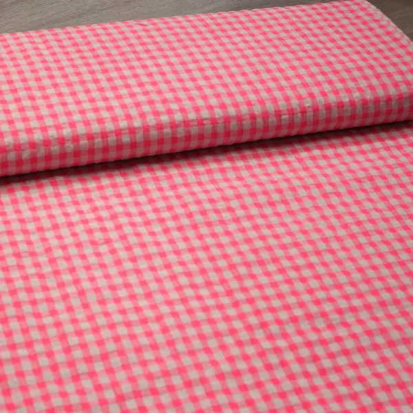 Rosa Fluor, Tela de algodón estampada con cuadros Vichy en color Rosa Fluor. — vista 3